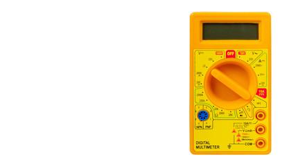 Yellow plastic multimeter, electric tester tool. Isolated on white.