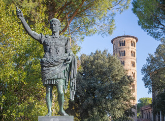 Ravenna - The bronze copy of original antic statue of Caesar Augustus in front of church Basilica...
