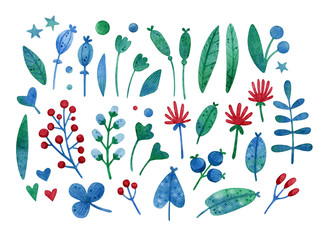 Set of colorful summer watercolor flowers in folk style isolated on white. Botanical illustration for cards, invitations, covers, prints, fabric and DIY projects.