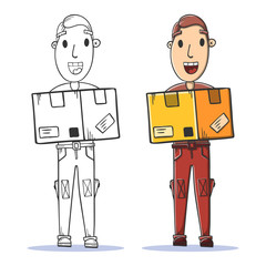 Courier with package coloring page. Store worker. Cartoon style vector.