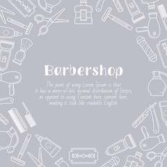 Barbershop - card with text and vector outline illustrations of beauty salon for graphic design