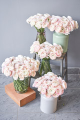 Spring background, flower Wallpaper. Persian buttercup. Bunch pale pink ranunculus flowers on light gray background. Glass vase on vintage wooden table. Wallpaper
