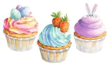 Watercolor Easter cupcakes isolated on white background. Hand drawn festive food illustration.
