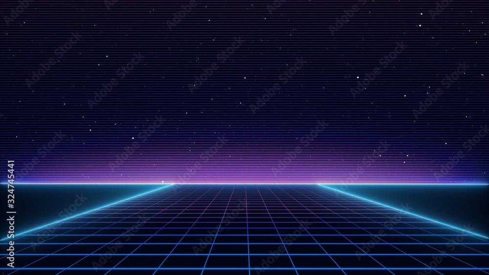 Canvas Prints retro cyberpunk style 80s sci-fi background futuristic with laser grid landscape. digital cyber surf