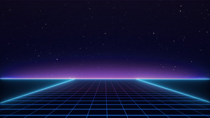 Retro cyberpunk style 80s Sci-Fi Background Futuristic with laser grid landscape. Digital cyber surface style of the 1980`s. 3D illustration