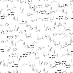 Seamless abstract text pattern. Handwritten font on a white background. Ink on paper