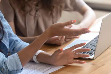 Businesswoman hands, manager consulting client about contract during meeting