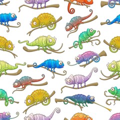 Chameleon lizards vector seamless pattern. Reptile animals background of exotic colorful chameleons with camouflage patterns sitting on jungle forest tree branches, tropical lizard animals backdrop