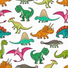 Fototapeta premium Dinosaur jurassic animals seamless pattern. Vector background with tyrannosaurus, pterodactyl, brontosaurus and spinosaurus, stegosaurus, diplodocus, triceratops and pteranodon prehistoric monsters
