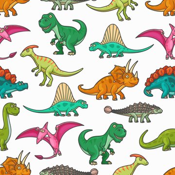 Dinosaur jurassic animals seamless pattern. Vector background with tyrannosaurus, pterodactyl, brontosaurus and spinosaurus, stegosaurus, diplodocus, triceratops and pteranodon prehistoric monsters © Buch&Bee