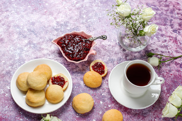Homemade delicious cookies serving with raspberry jam,top view