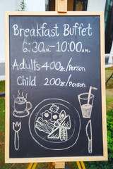 Blackboard menu with food, Frame of menu with texts and sketch coffee, bakery, smoothie, spaghetti, snack, salad, hamburger, breakfast on blackboard.