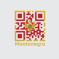QR code set the color of Montenegro flag, A red field surrounded by a golden border; charged with the Coat of Arms at the centre.