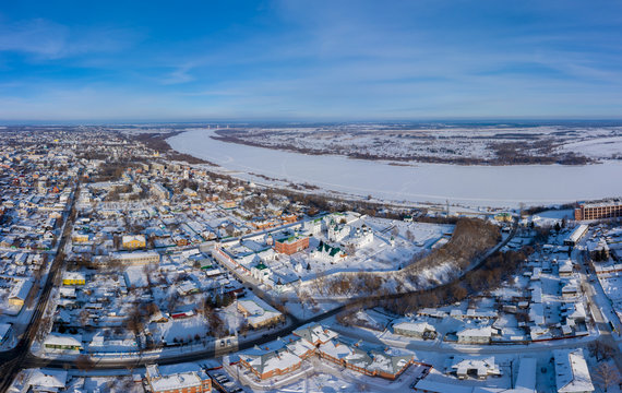 Winter panoramic aerial view of Transfiguration Monastery and the river Oka in Murom, Russia Vladimir region