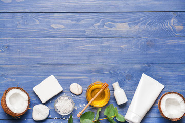 Composition with spa items and honey on wooden background