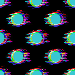Seamless vector pattern with polka dot ornament with glitch effect on black background. Stock illustration for web, print, wallpaper and backgrounds. 