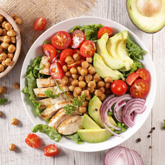 buddha bowl with chicken fillet, avocado, chickpea, tomato and onion