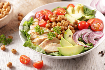 buddha bowl with chicken fillet, avocado, chickpea, tomato and onion