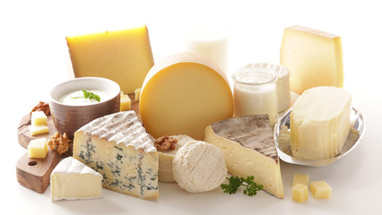 dairy product- cheese, milk, yogurt, butter selection - obrazy, fototapety, plakaty