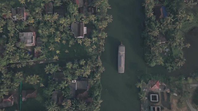 Boat Trip Around Kerala Backwaters At Alleppey, India. Aerial Top Down Drone View