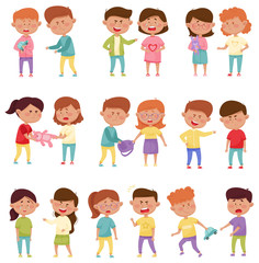 Fototapeta premium Bullying Children Characters Abusing and Treating Badly Another Kids Vector Illustrations Set