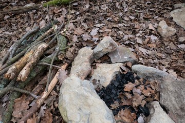 detail of an open fireplace in the wood