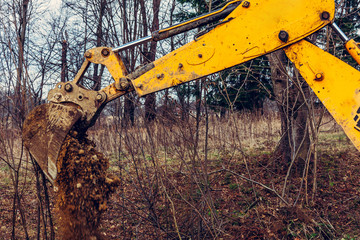 The excavator digs soil into the forest and uproots the roots of the trees.