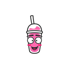 happy smiles with open mouth expression of cup takeaway drink character mascot emoji in pink color drink cartoon style illustration