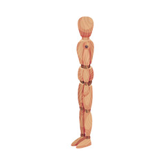 Wooden Man Standing Still Side View Isolated on White Background Vector Illustration