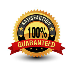 Excellent 100% satisfaction guaranteed gold badge, seal, sign with red ribbon isolated on white background.