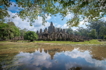 Fototapeta na wymiar Reflection of Bayon castle in Siem Reap, Cambodia.