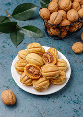 Homemade Russian cookies with boiled condensed milk and walnuts.