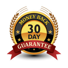 30 day money back guarantee seal, badge, stamp with laurel and ribbon.