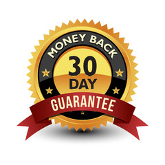 30 Day Money Back Guarantee Golden Medal Isolated on White Background.