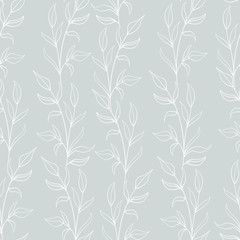 Leaf seamless pattern; white vertical leaf twigs on gray background; abstract floral design for fabric, wallpaper, textile, wrapping paper, web design.