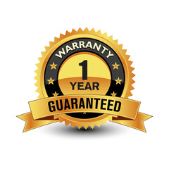 Powerful Trustworthy 1 YEAR WARRANTY GUARANTEED, gold badge/seal/stamp/label. Isolated on white background.