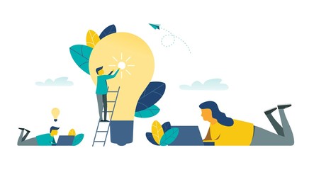 Man light up the idea. Lamp illustration. Man work notebook