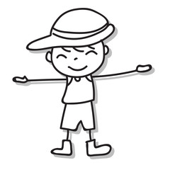 Hand drawing match-stick style cartoon character happy boy wearing hat and boot for spring and gardening. Vector illustration.