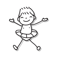 Hand drawing match-stick style cartoon character happy boy wearing swim ring for summer. Abstract people, happiness concept. Vector illustration.