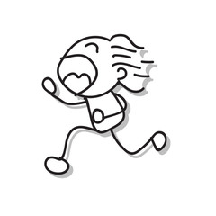 Hand drawing match-stick style cartoon character happy boy running with a big smile. Abstract people, happiness concept. Vector illustration.
