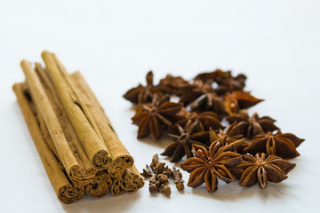 cinnamon, cloves and anise stars on a white background
