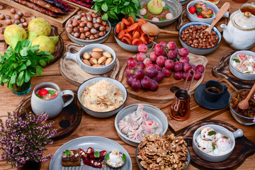 Traditional Georgian sweets and desserts. Baklava, nakhini, khinkali, matzoon, churchkhela, shotis puri or shoti