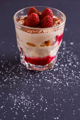 Italian dessert panna cotta with raspberries and cocoa powder served in small glass over black background.