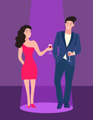 Obraz premium Young couple are drinking wine at party. Girl are flirting with guy. Vector illustration in flat cartoon style