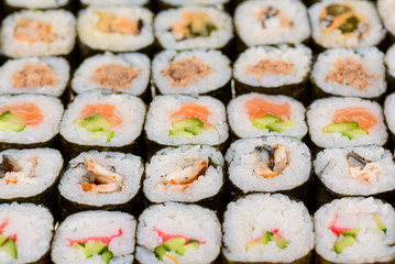 Japanese great sushi and roll set on a white background