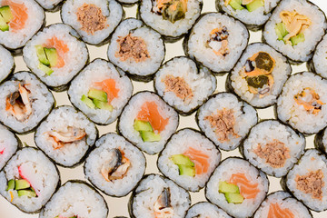 Japanese great sushi and roll set on a white background