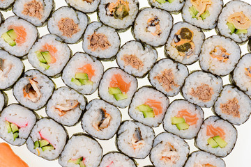 Japanese great sushi and roll set on a white background