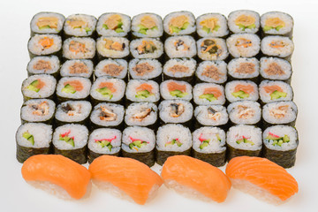 Japanese great sushi and roll set on a white background