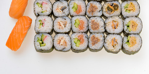 Japanese great sushi and roll set on a white background
