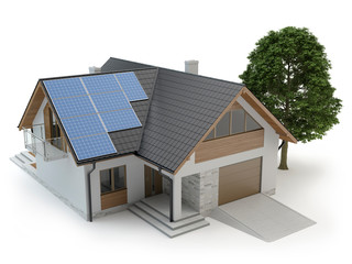 House with solar panels isolated on white, 3d illustration